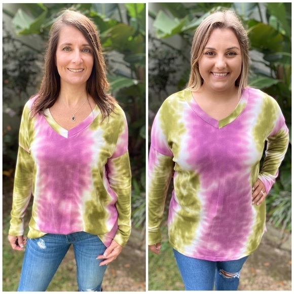 Tie Dye Drop Shoulder Long Sleeve V-Neck Split Side Multi 4520 - Picture 3 of 7